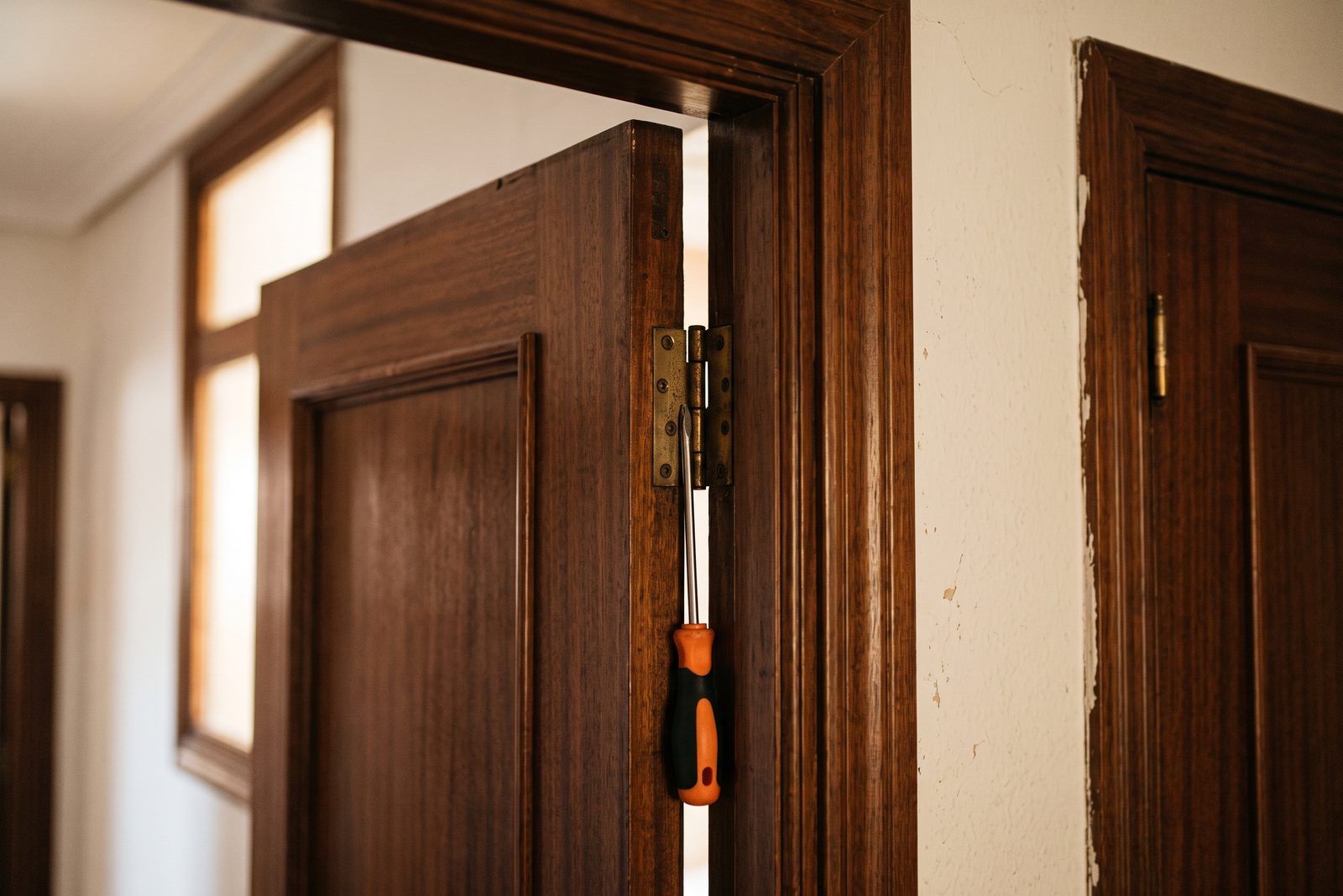 Puerta de madera abierta para ajustar las bisagras