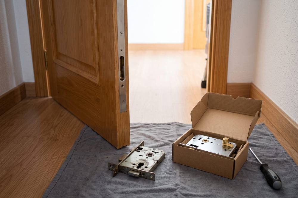 Cerradura nueva en su caja junto a una puerta, lista para instalar