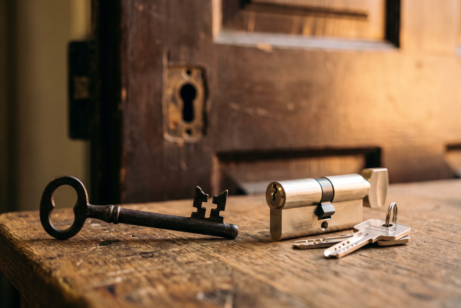 Llave de borjas antigua junto a un bombín de perfil europeo