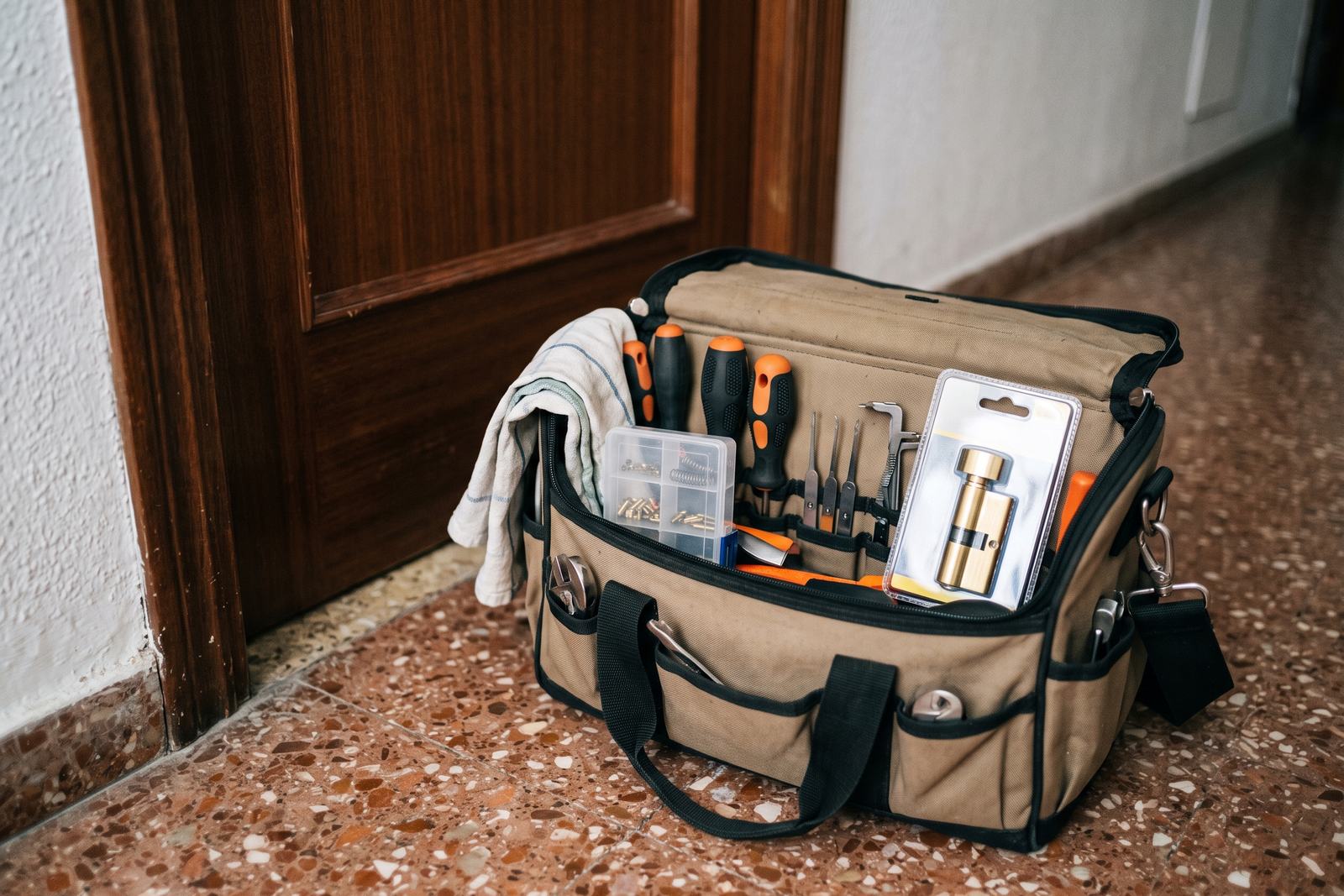 Bolsa de herramientas de cerrajero junto a una puerta